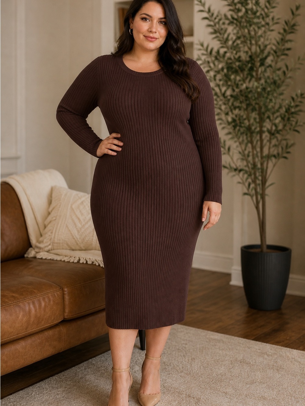 White Mark Ribbed Midi Sweater Dress Brown 1X Plus Size Bodycon Knit NWT - Picture 2 of 4